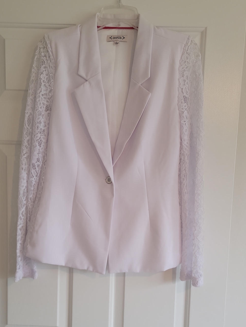 Nanette Lepore White Lace-Sleeve Tailored Blazer, Size M